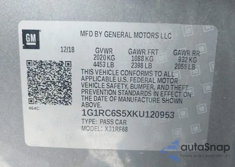 2019 Chevrolet Volt Lt из США, поврежденный, VIN 1G1RC6S5XKU120953